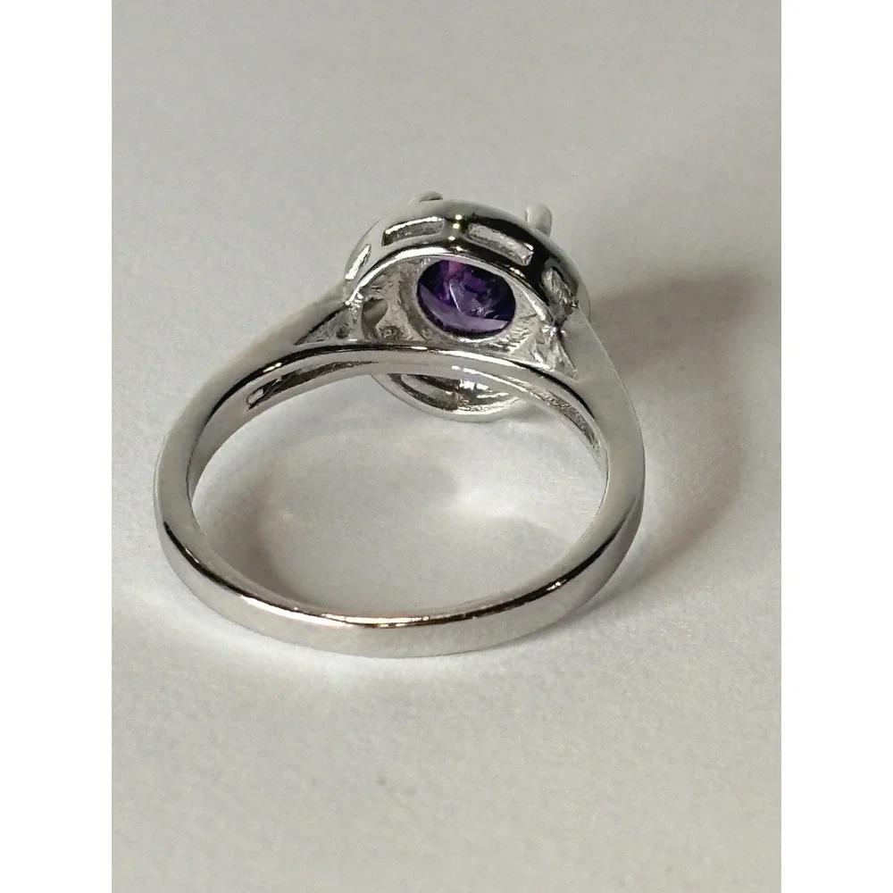 Purple Glass Halo Ring Silver Tone Round Cut Sparkle Cocktail Size 8